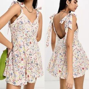 NWT ASOS Design Linen Swing Tie Strap Floral Mini Dress